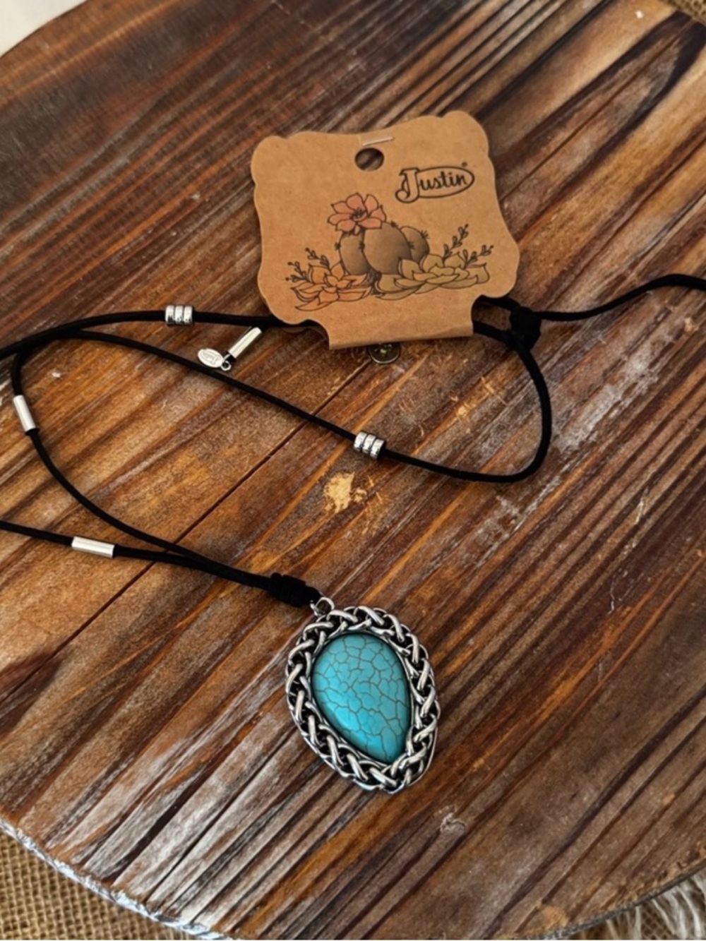 Justin Boots Turquoise Teardrop Pendant on Black Cord Necklace